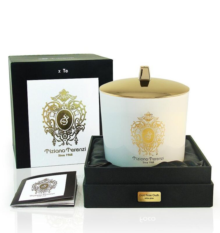 TIZIANA TERENZI GOLD ROSE OUDH WHITE GLASS CANDLE 500ML